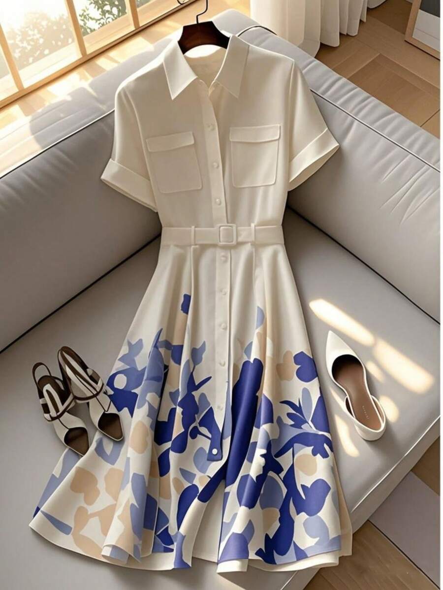 SHEIN PETITE Váy sơ mi cổ polo tay ngắn thắt eo tối giản - Màu be - Xem 1