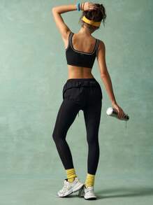 VARSIVA Versatile Black 2-In-1 Active Bottoms For Women Long Knitted Leggings Featuring Tummy Control, D Outer Drawstring Shorts With Mesh Details Perfect For Gym Workouts And Yoga.