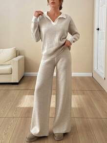 EURMUSE WOMEN SOFT TOUCH POLO NECK SWEATER AND SWEATER PANT Two Pieces OUTFİT CO-ORDS COOL - Cream - View 3