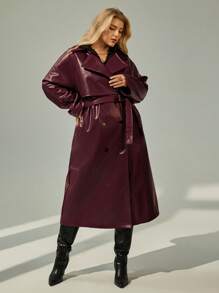 SHEIN Essnce 大码女式长款皮衣，时尚新款大衣，防风皮衣，新年假期派对