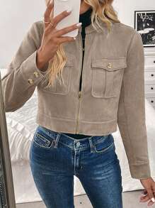 SHEIN PETITE Women's Autumn Short Jacket With Metal Buttons, Large Pockets, Zip Closure, Stand Collar, Apricot Color, Minimalist Design Fall Winter Cloth For Women - Khaki - View 3