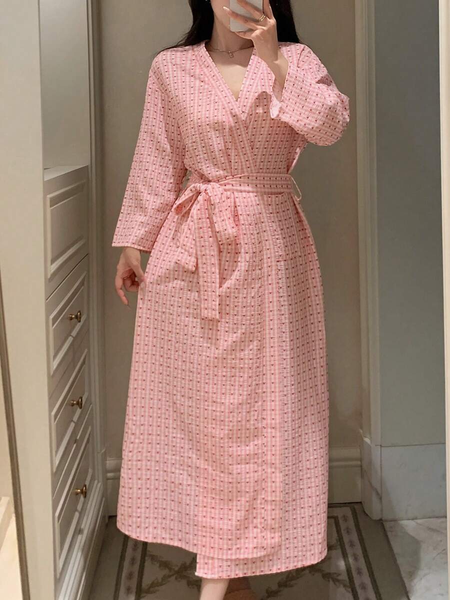 DAZY 女士宽松格子心形印花长袍睡衣,返校服睡衣 - 粉色 - 查看 1