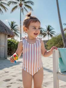 SHEIN Baby Girls Beachwear, Suitable For Summer Swimming, One-Piece Swimsuit With Digital Polyester Gray White Stripe Printing, Fashionable And Cute, Casual, Suitable For Summer Swimming Baby Girl Clothes Beach Baby Beach Wear Girl Baby Clothes Beach Baby Clothing Summer Toddler Beach Girl Clothes - Grey - View 8