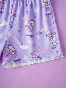 Pop Mart Azura X SHEIN Tween Girl Cartoon Dreamy Star & Rainbow Printed Purple Cute Camisole Top & Loose Shorts Pajama Set