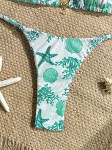 Swim Mod 2pcs/Set Summer Vacation Random Print Rib Texture Gold Shell Accessory Halter Crop Top And Bikini Swimwear Set, Sexy Women's Swimsuit - Multicolor - View 4