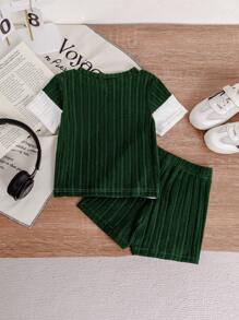 SHEIN Vintaside Kids Bộ 2 quần áo màu xanh lam và trắng có gân cho bé trai mới biết đi, trang phục thoải mái, phù hợp cho mọi hoạt động, thường ngày mùa hè - Nhiều màu - Xem 2