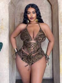 SHEIN Slayr CURVE Plus Size Women 2pcs/Set Leopard Print Hollow-Out Cross-Tied Bralette Tankini Swimwear Set - Multicolor - View 1