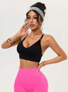 SHEIN Sports 女士纯色日常健身运动文胸 - 黑色 - 查看 4