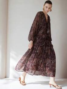 Aveloria Modichic 波西米亚风格宽松荷叶边下摆连衣裙配腰带，多层长袖连衣裙 - 彩色 - 查看 5