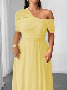 Elenzga Váy dự tiệc cưới lãng mạn thanh lịch cỡ lớn cho nữ, váy maxi dự tiệc xẻ tà một bên vai bằng vải chiffon - Màu vàng - Xem 5