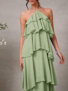 L'Amorae Elegant Romantic Wedding Guest Solid Halter Tiered Chiffon Maxi Dress - Green - View 5