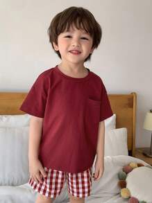 DAZY Conjunto de 2 piezas de camiseta de punto de cuello redondo de manga corta + pantalones cortos a cuadros casuales para niños, conjunto de verano