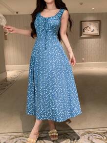 DAZY Ditsy Floral Ruffle Collar Cinched Waist Sleeveless Women Nightgown Pajama - Blue - View 4