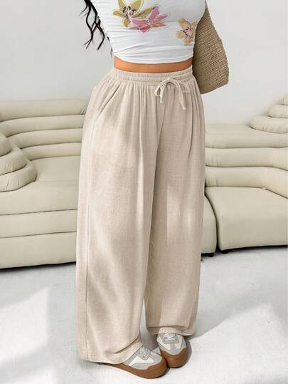SHEIN EZwear 大码女式纯色腰带口袋宽松阔腿裤，夏季