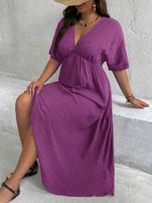 SHEIN VCAY 大码女式休闲纯色V领短袖连衣裙