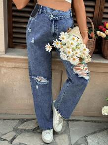 SHEIN Maternity Blue Denim Asymmetrical Waist Ripped Loose Straight Leg Pants - Dark Wash - View 5