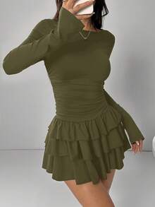SHEIN EZwear 女式优雅橄榄绿荷叶边下摆黑色长袖连衣裙 - 軍綠色 - 查看 5