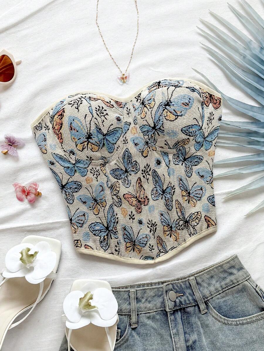 Soleia 全新度假蝴蝶结露脐短款上衣，后系带 - 彩色 - 查看 1