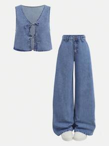 SHEIN Teen Girl Blue Denim Sleeveless Cardigan Short Vest Low-Waist Loose Trousers 2-Piece Set, Kid Girls Spring And Summer Casual Vacation Country Boho Wear, Beach Outfits, Western Street Wear For Girl, Spring Break Outfits, Rave Outfits Festival Denim Middle Set, Graduation Outfits - Light Wash - View 2