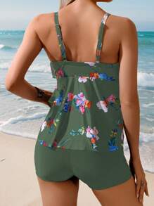 Swim Lushoire 2件組女款海灘穿搭，彩色分層花卉印花細肩帶背心 & 荷葉邊比基尼泳褲，適合夏季海灘度假泳裝 - 彩色 - 查看 2