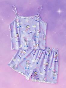 Pop Mart Azura X SHEIN Tween Girl Cartoon Dreamy Star & Rainbow Printed Purple Cute Camisole Top & Loose Shorts Pajama Set