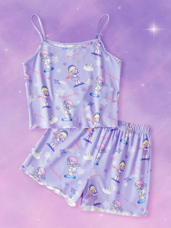 Pop Mart Azura X SHEIN Tween Girl Cartoon Dreamy Star & Rainbow Printed Purple Cute Camisole Top & Loose Shorts Pajama Set