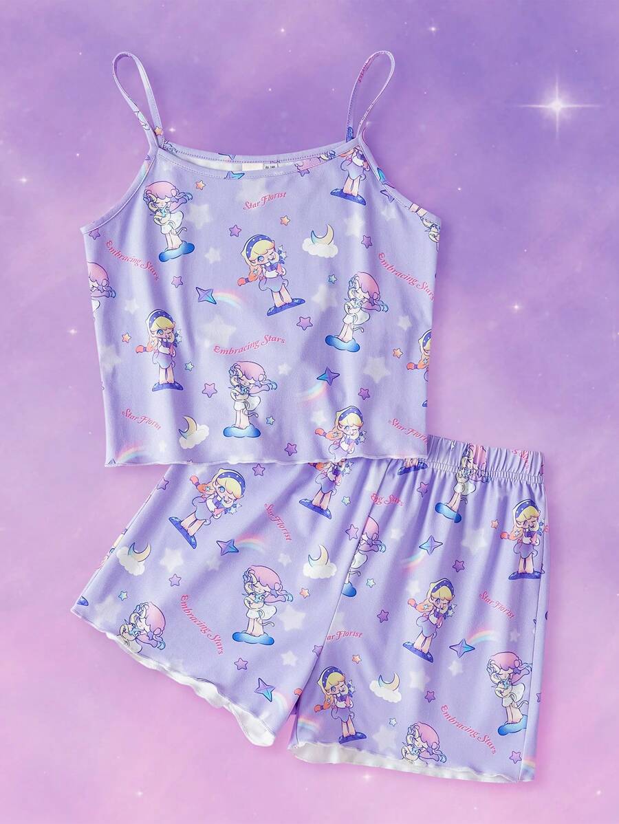 Pop Mart Azura X SHEIN Tween Girl Cartoon Dreamy Star & Rainbow Printed Purple Cute Camisole Top & Loose Shorts Pajama Set