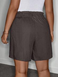 SHEIN LUNE SHEINLUNE Women Plus Size Blue Linen Elasticated Ruffled Hem Casual Shorts,Summer Outfits For Women, Spring Break Outfits Summer Boho Old Money Cotton Brown Shorts Women Women Shorts Summer Loose Shorts Paperbag Waist Shorts Comfy Shorts,Old Money Style Women