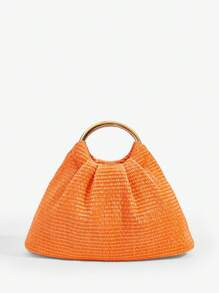 SHEIN SXY Ladies, Women Top Handle Bags, Straw Bag, Fashionable, Elegant, Simple, Personalized, Versatile, Classic, Gold Rivets, For Date, Daily, Shopping, Afternoon Tea, Beach, Vacation, Holiday, Summer, Seaside - Orange - View 4