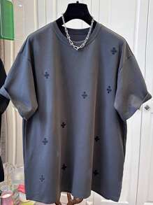 SHEIN Plus Size Women Casual Solid Color Round Neck Short Sleeve T-Shirt CC199 - Dark Grey - View 3