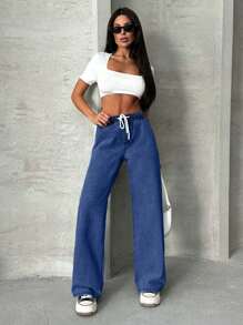 EURMUSE Casual Washed Drawstring Waist Straight Leg Jeans - Medium Wash - View 5
