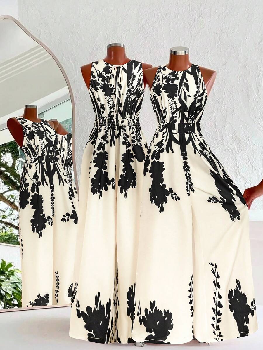 SHEIN Clasi 加大码全身印花圆领无袖优雅连体裤，适合夏季女士夏季服装