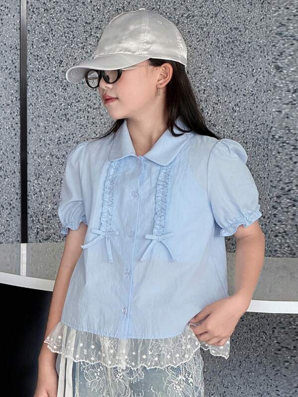 DAZY Tween Girls Turndown Collar Short Sleeve Blouse, Summer