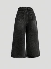 SHEIN Girlism 少女休闲黑色口袋纽扣前开阔腿牛仔裤 - 深灰色 - 查看 2