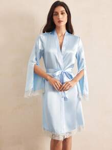 Charlaine 女式缎面蕾丝边系带开衩袖长袍，缎面光泽，秋季 - 藍色 - 查看 2