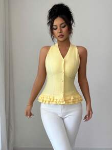 Elenzga Blusa de mujer elegante con cuello en V con volantes y sin mangas, para usar en vacaciones románticas, resorts de playa o fiestas de té por la tarde
