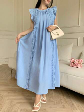 Feyla Vestido de verano casual y versátil con mangas de campana, encaje y diseño holgado