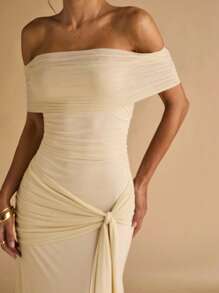 SHEIN BAE Váy dệt kim trễ vai nhún eo màu mơ cho nữ, Váy nghỉ mát mùa hè, Váy thanh lịch - Màu be - Xem 7