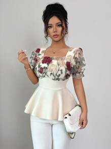 Elenzga 女士春夏时尚优雅方领3D网眼刺绣向日葵腰部收腰泡泡袖衬衫，适合约会的宫廷风格，高端精致迷你A字裙 - 杏色 - 查看 3