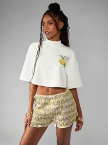 MISSGUIDED 阿马尔菲海岸意大利柠檬印花立领短款 T 恤夏季海滩度假地中海风格上衣 - 白色 - 查看 3
