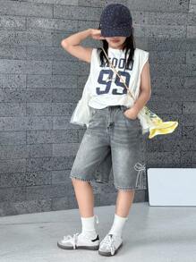 DAZY 夏季女童休闲水洗牛仔短裤，蝴蝶刺绣装饰 - 藍色 - 查看 3