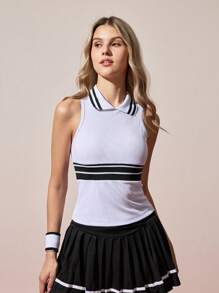 CourtClass Women's White Ribbed Polo Tank Top With Black Stripes. This Sleeveless Activewear Is Perfect For Sports, Workouts, Or Everyday Casual Wear. - White - View 3