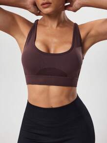 SHEIN Sports Women's Comfortable Brown Cropped Spaghetti Strap Sport Bra Top With Open-Back Lace-Up Detail For Yoga & Gym - Brown - View 4