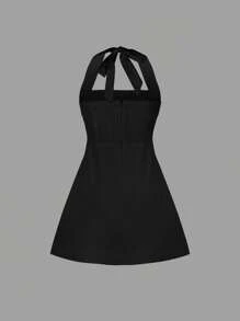 INAWLY Women's Mini Halter Neck Solid Color Dress, Fashionable For Summer - Black - View 2