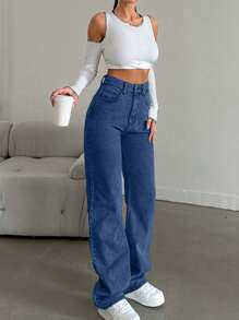 SHEIN Tall Snow Wash Straight Leg Jeans High Rise For Tall - Royal Blue - View 4