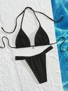 Swim Mod 2 件套女士高腰性感露背吊带泳衣套装，夏季新款 - 黑色 - 查看 2