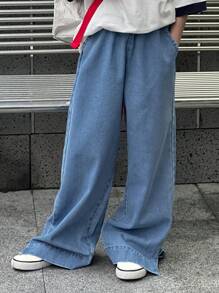 Dazy Kids 男童宽松休闲直筒牛仔裤，裤腿开衩，百搭实用，秋季款 - 藍色 - 查看 3