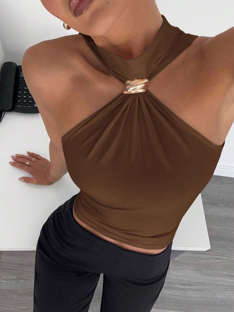 Siren Gaze Ärmellose Bluse für Damen mit Stehkragen und Metalldekor, Pendler- und UrlaubsLässig Bluse