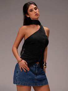 Forever 21 Áo hở lưng cổ yếm cài nút phía trước màu trơn cho nữ, mùa hè - màu đen - Xem 4