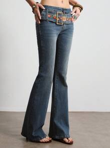 ROMWE Hippie Women Floral Embroidered Bell Bottom Casual Denim Jeans - Dark Wash - View 5